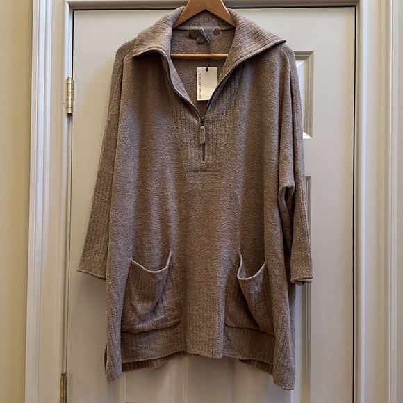 Barefoot Dreams CozyChic Lite Half Zip Rolled Edge Tunic Khaki Sz1X - Picture 5 of 10